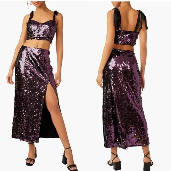 Free People Star Bright Sequin Two-Piece Crop Top & Midi Skirt, Lilac, Sz 4, NWT - Image 2