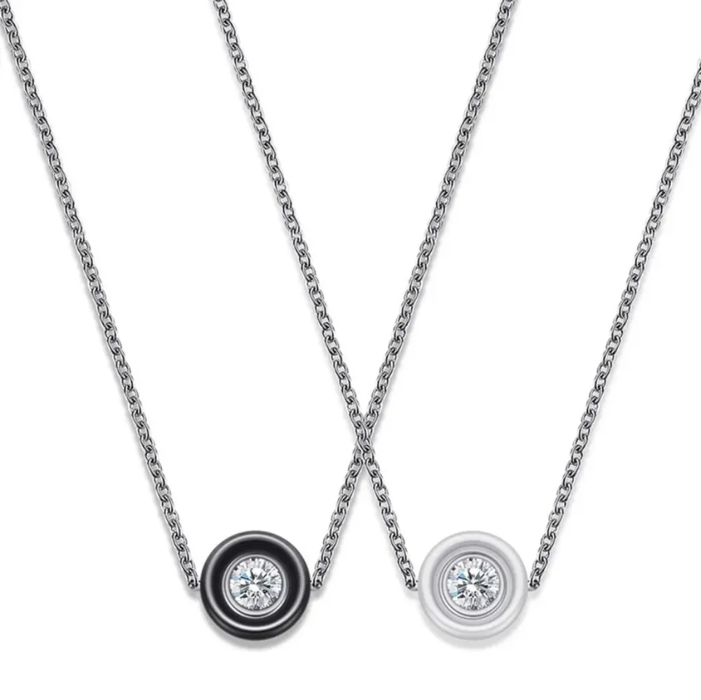 NEW 18k Gold Plated White Ceramic Bezel Set Diamond Pendant‎ Necklace, 18-20” - Image 2