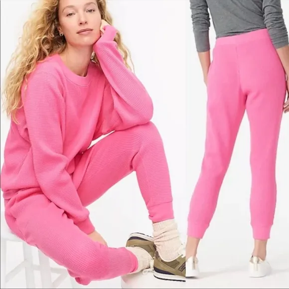 J. Crew Womens Waffle Knit Set Pink Pullover Jogger Pants Sz Small - Image 2