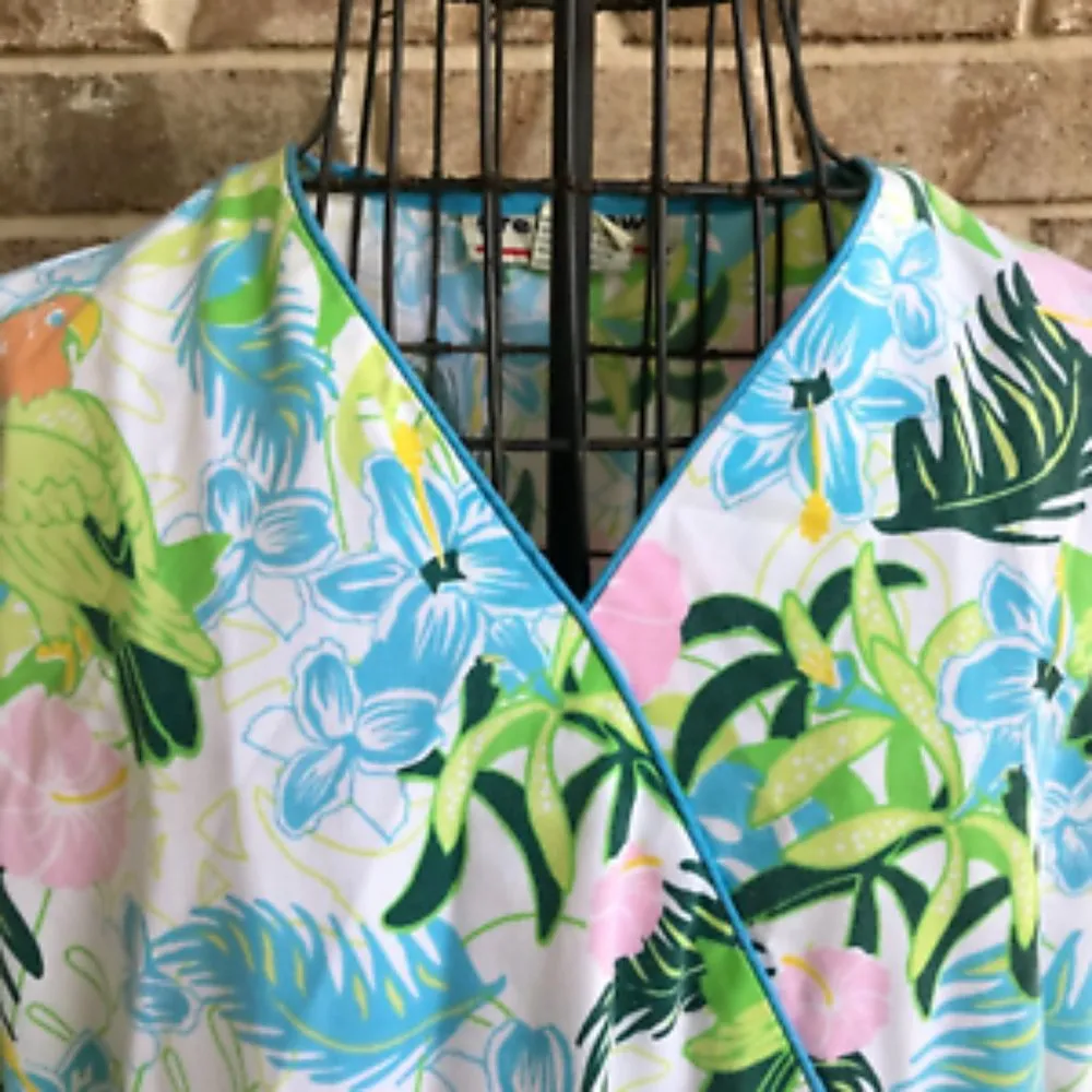 Parrot Themed Scrub Top Large Retro Rare Pattern Cinch Waist Tropical Gr… Orange - Image 3