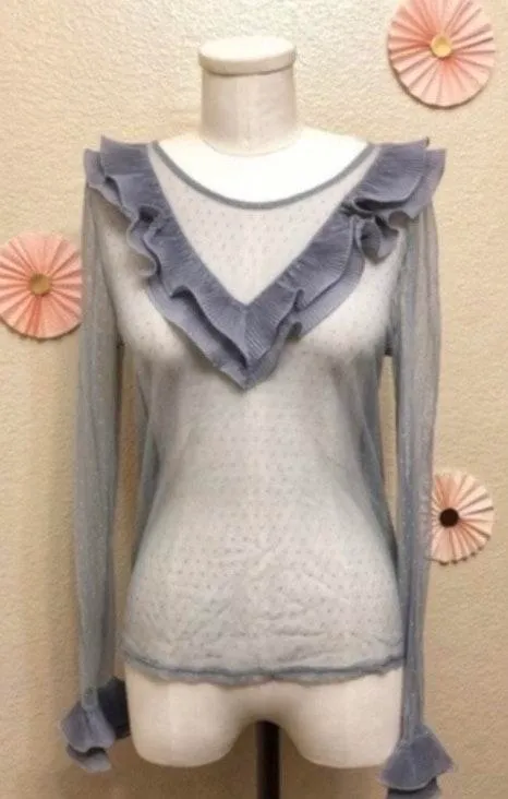 NWT Blue Swiss Dot Spot Mesh Ruffle Blouse  - Image 2