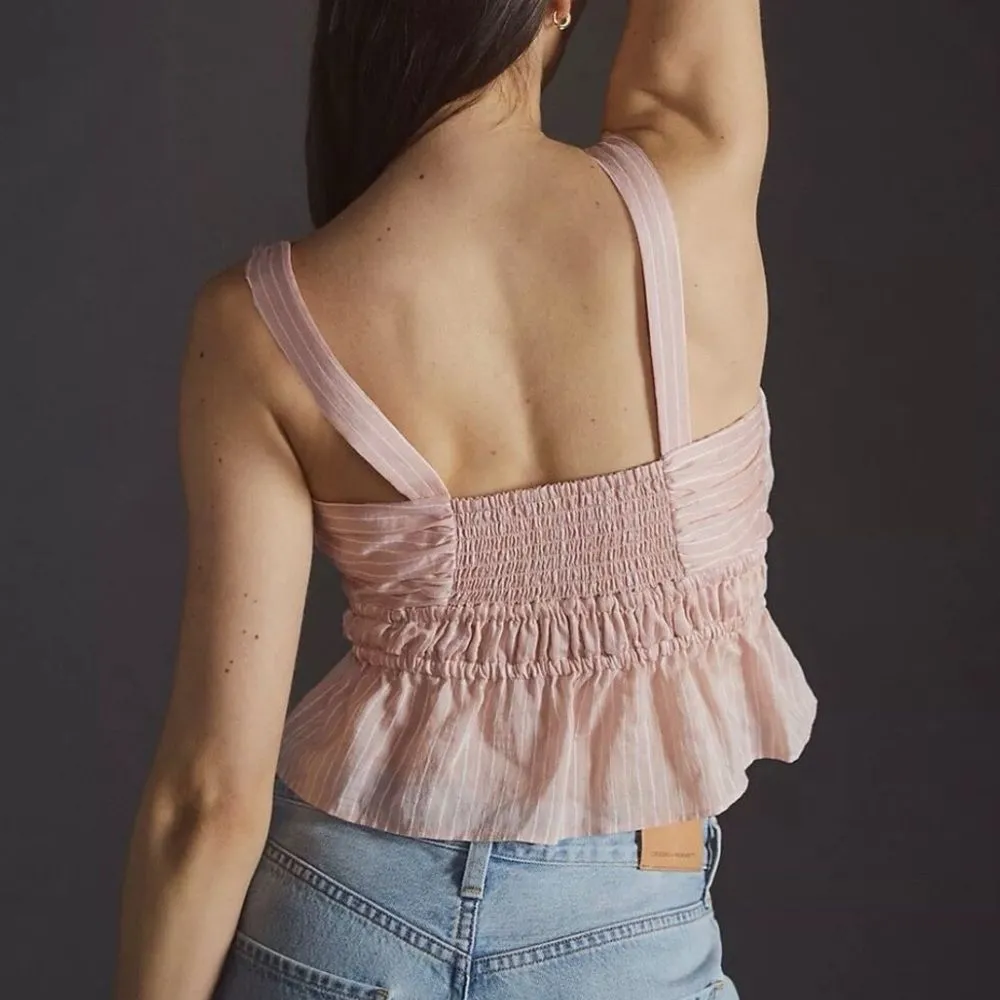 NWT Maeve | Anthropologie | Pink Rose Striped Shirred Linen Blend Size Large - Image 3