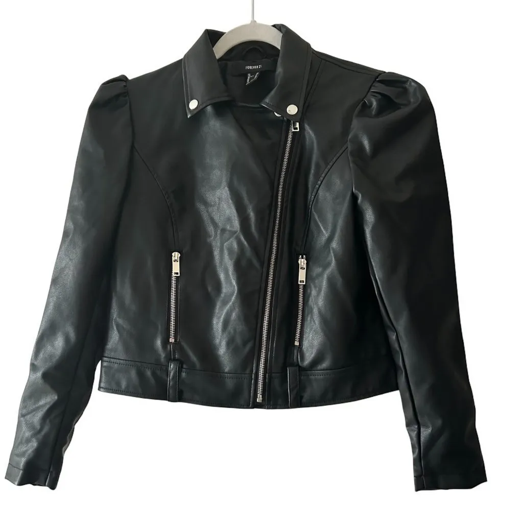 Vegan Leather Puff Sleeve Moto Jacket Forever 21 Women's Size XS Biker Like New - Image 15