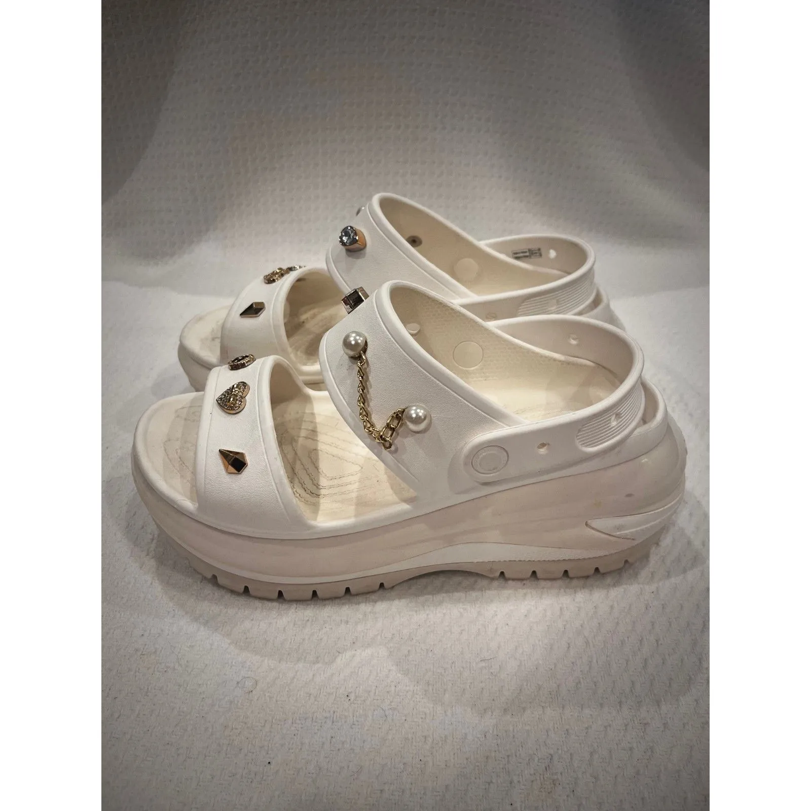 Crocs White Platform Chunky Tread Slides with Gem Charms Women’s Size 10 - Image 3