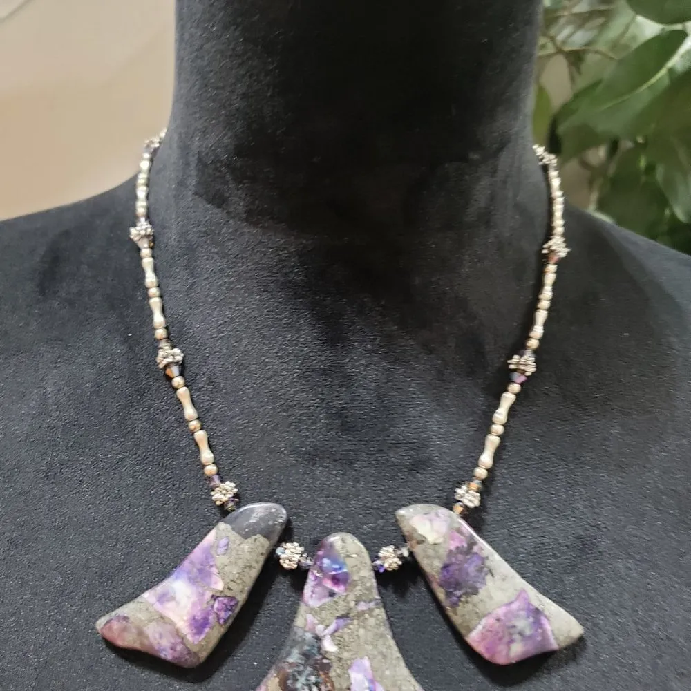 Women Purple Impression Jasper Stone Hematite Beaded Necklace with Hook & Eye - Image 2