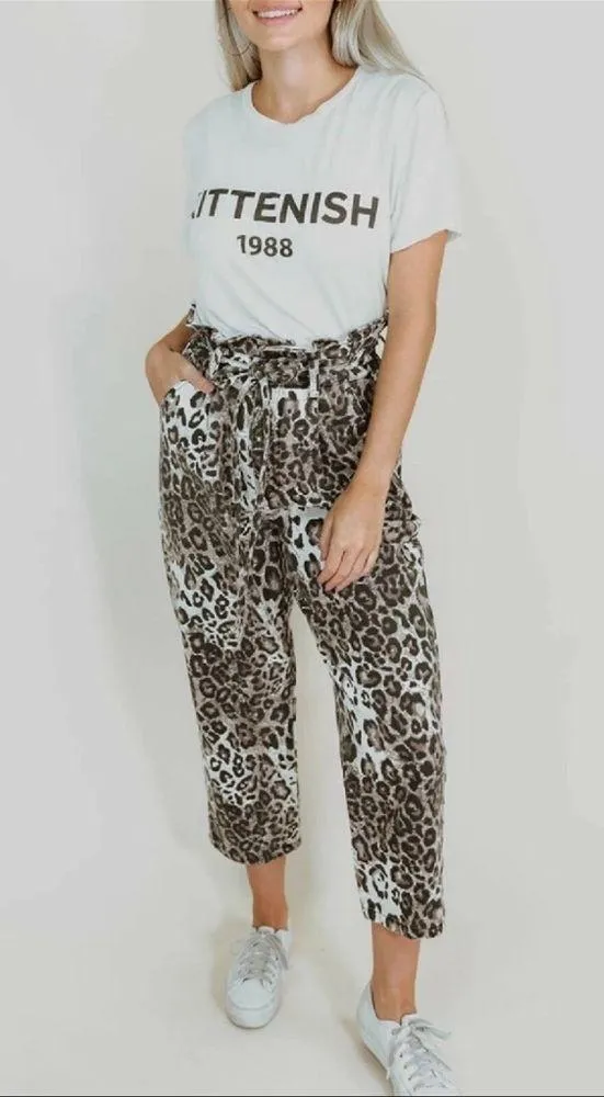 Kittenish Leopard Print Paper Bag High Waist Wide Leg Jeans Belted Size Medium - Image 2