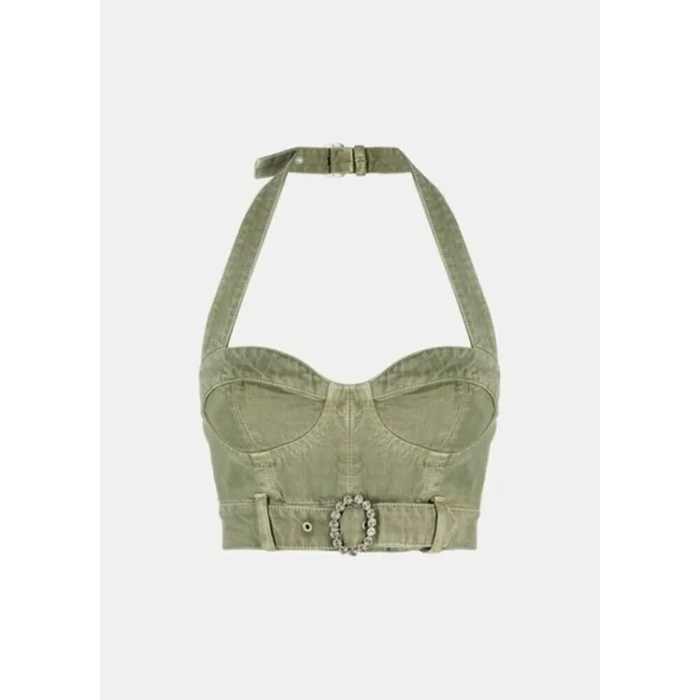 ALESSANDRA RICH Buckle Halter Top in Green 36 New AS - Image 11