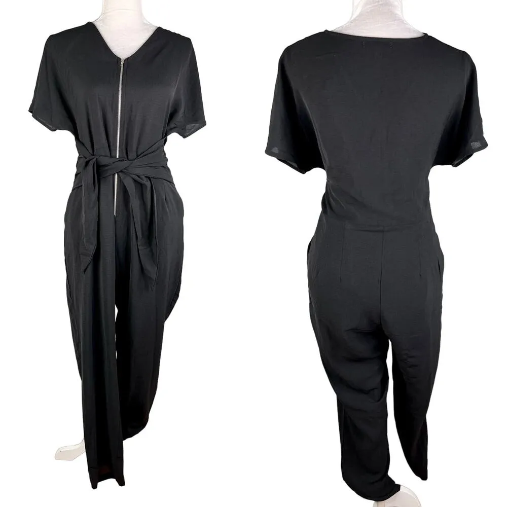 Polagram Jumpsuit Black Medium Short Sleeve Front Zipper V-Neck Tie - Image 2