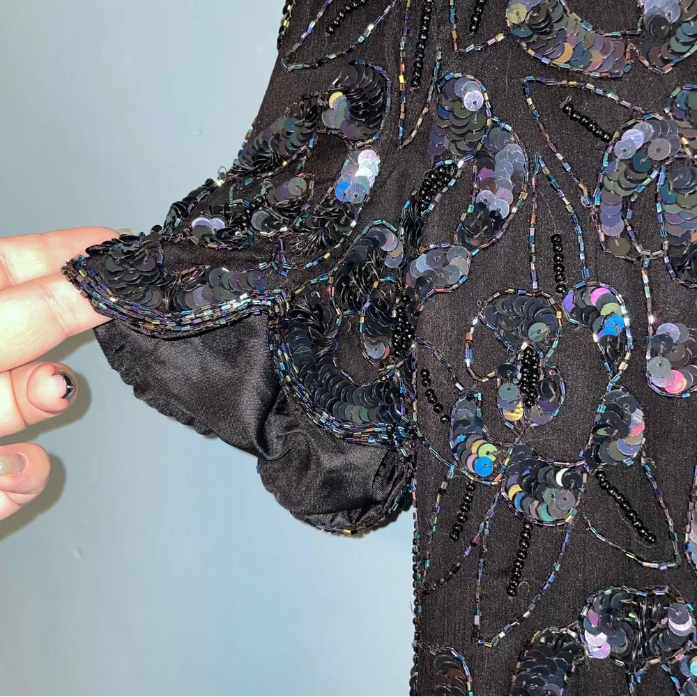 Papell Boutique Vintage Sequined Evening Top Silk Scalloped Hem Petite Medium - Image 5