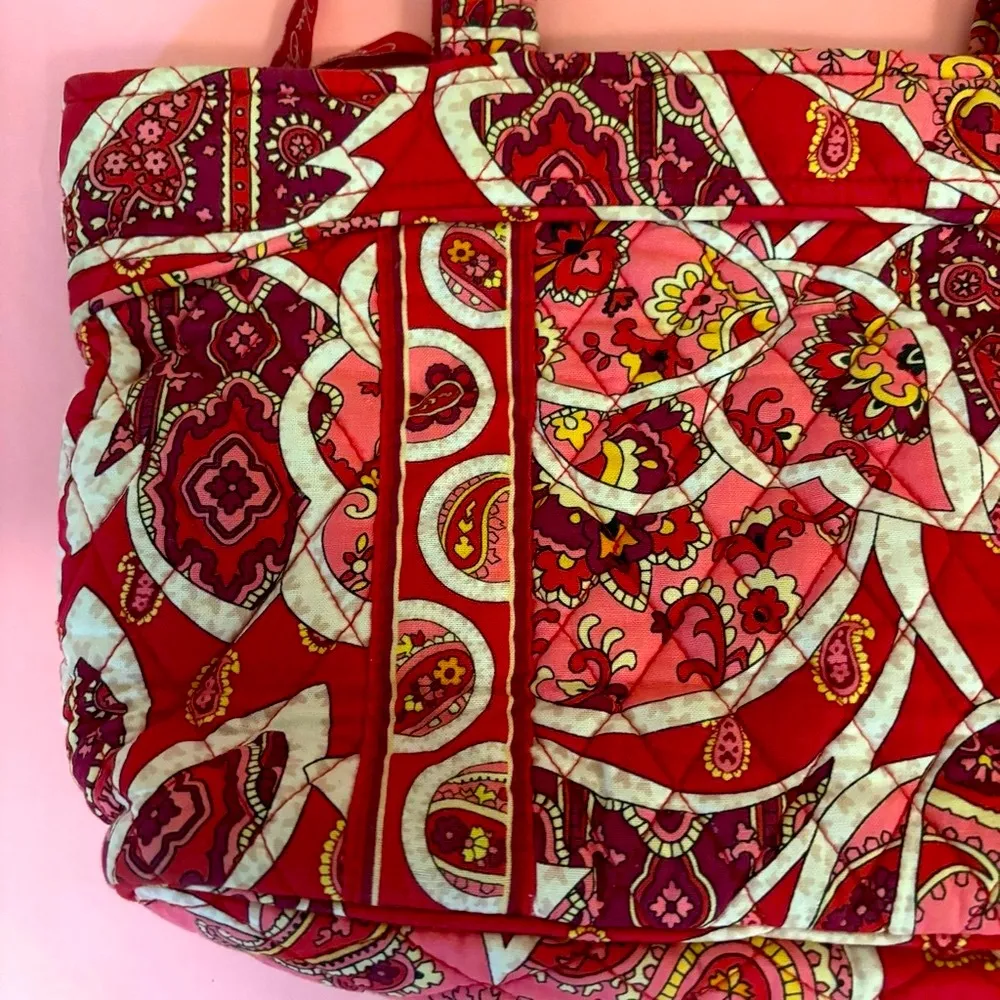 Vera Bradley Rosie Posie Red Pink Small Tote Bag / Shoulder Purse with Pockets - Image 8