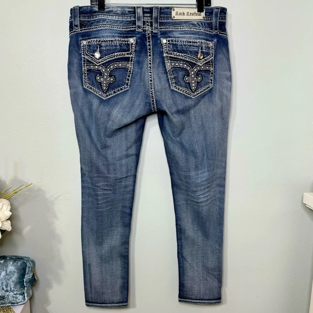 Rock Revival Barby Skinny Ankle Jeans Distressed Stretch Bling Size 34 - Image 3