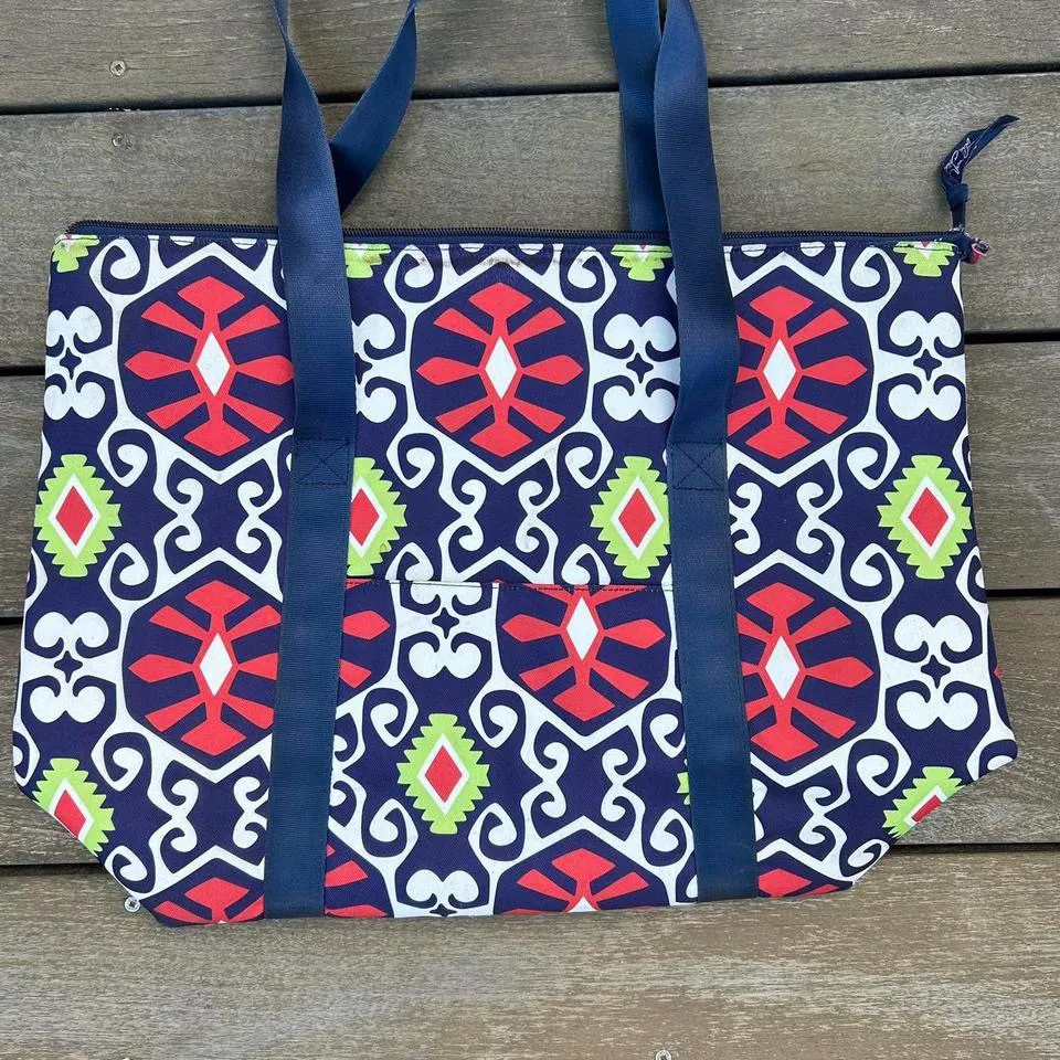 Navy Blue w/ Red/White Design Vera Bradley Cooler Bag Tote Bag w/ Zip Closure - Image 2