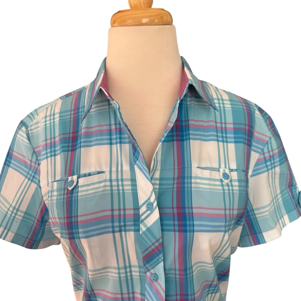 KUHL Women’s Plaid Button Up Short Sleeve Hiking Shirt Blue White Purple Medium - Image 4