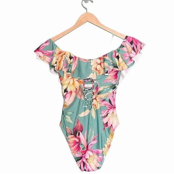 NWT La Blanca Jade Garden Floral Off Shoulder Ruffle One-Piece Swimsuit Size 8 - Image 3