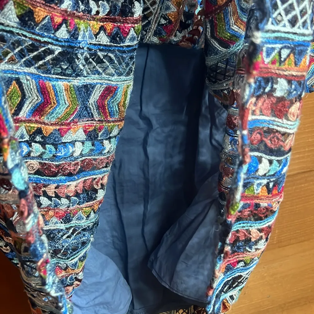 Velzera Embroidered Flare Sleeve Tunic Dress Geometric Tassle Cotton Coastal L - Image 9