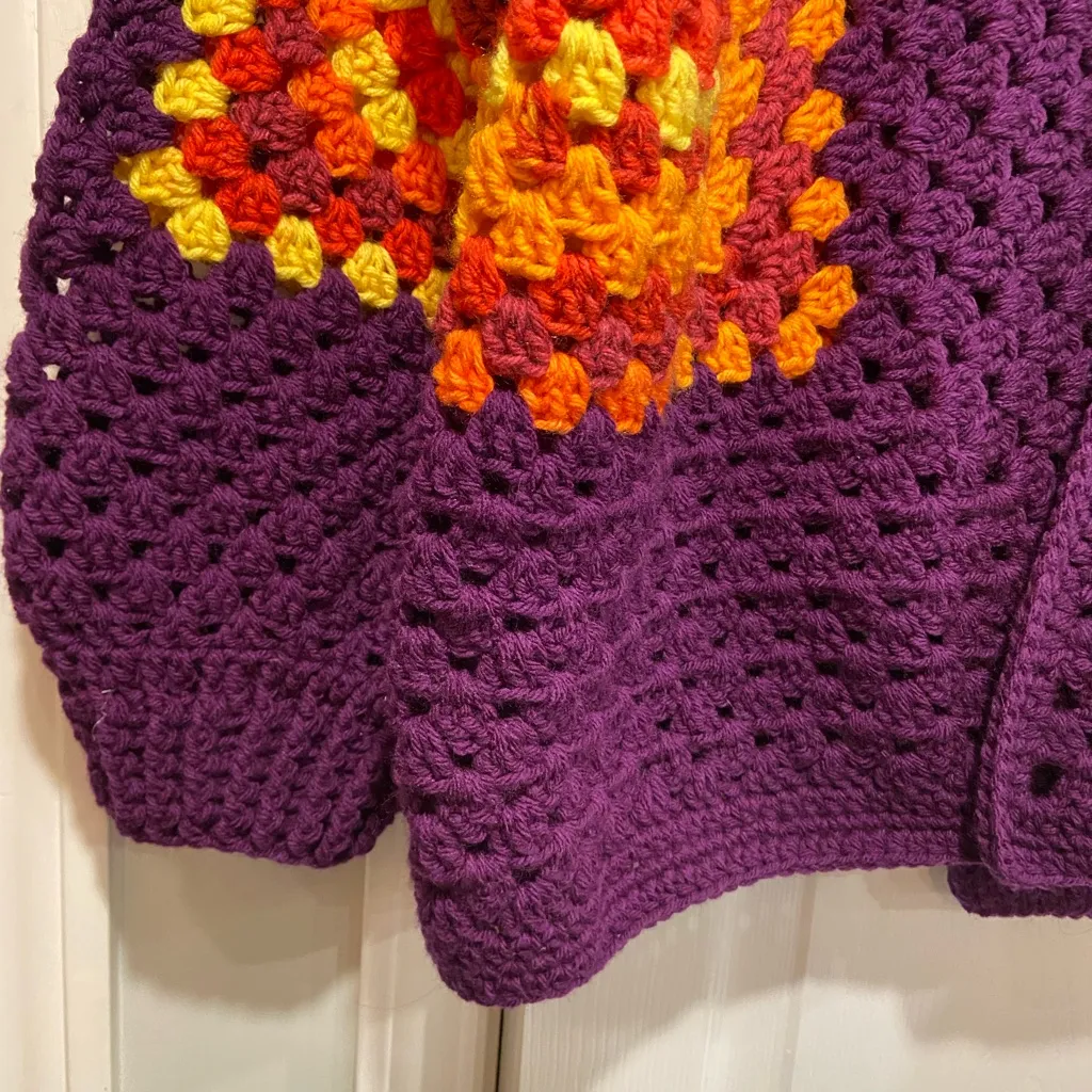 Handmade Crochet Granny Square One Size Cozy Cardigan Boho Chunky Knit Sweater - Image 2