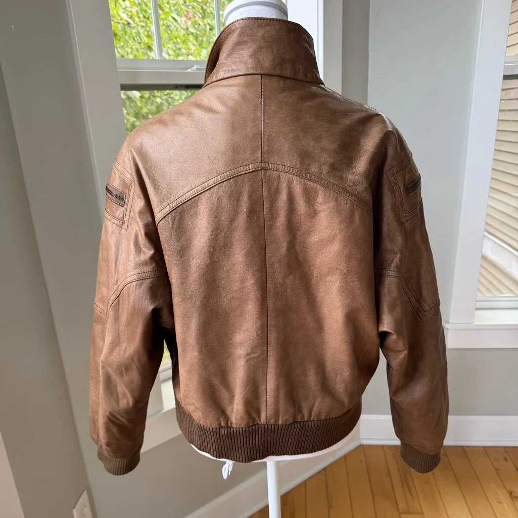 Vintage 80s Adventure Bound Distressed Brown Leather Bomber Jacket Size Medium - Image 4