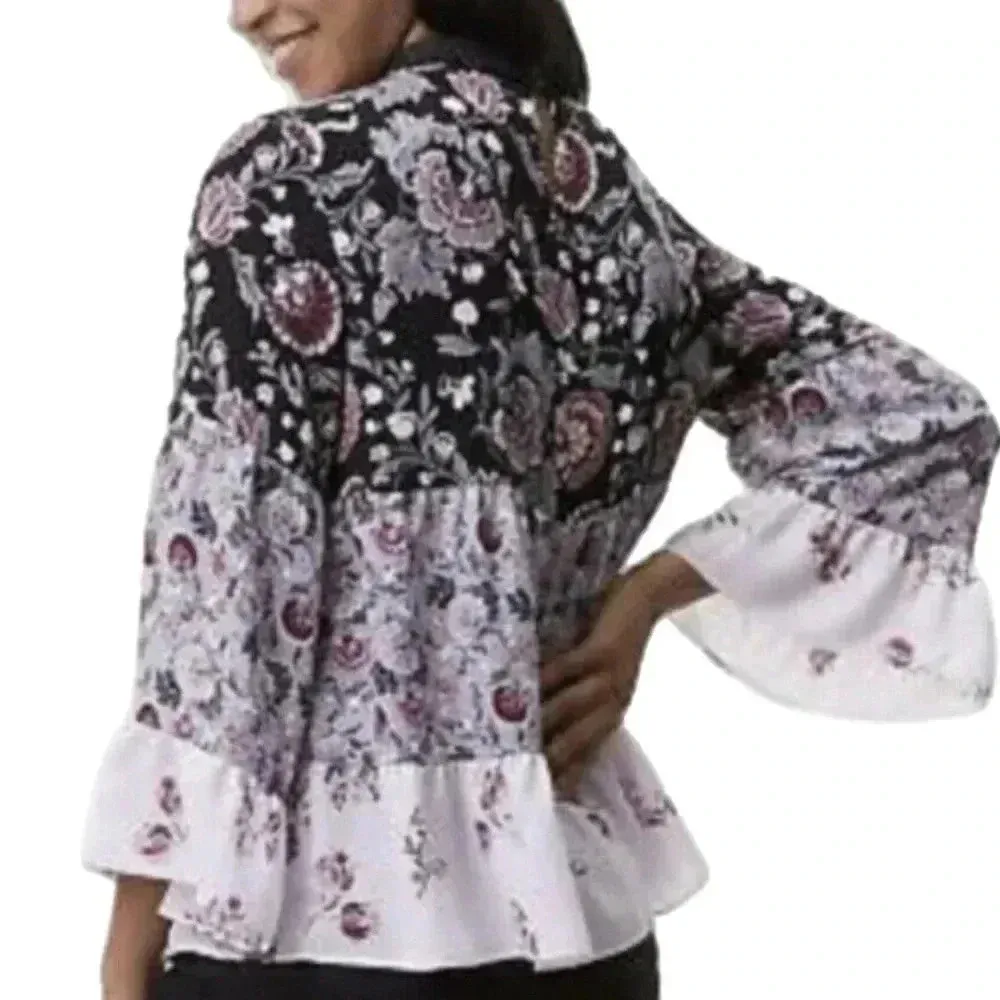 Ann Taylor LOFT Boho Floral Top Womens Small Mixed Print Long Sleeve Blouse - Image 3