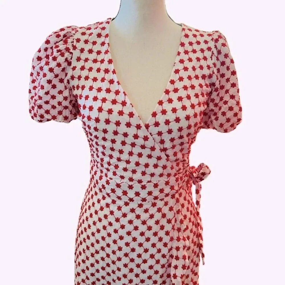 Draper James RSVP Embroidered Wrap Dress Red White Puff Sleeve Floral Size XS - Image 4