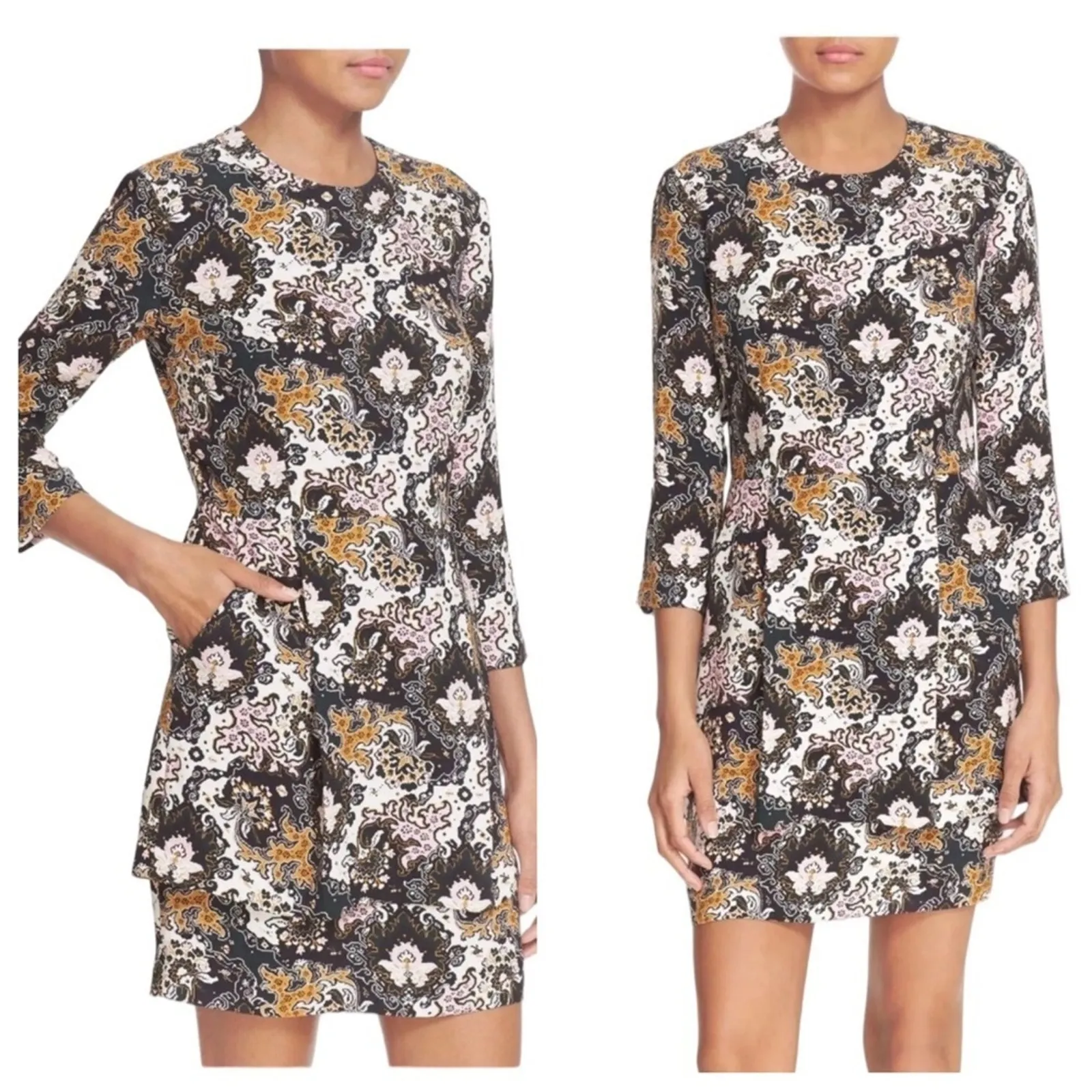 A.L.C. Mini Dress Silk Abstract Pink Brown Floral Long Sleeve - Image 2