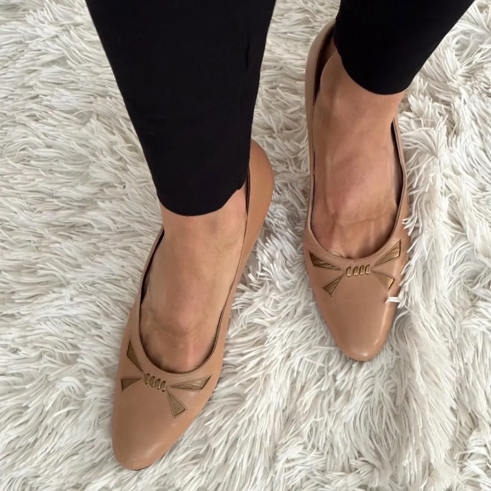 H&M Rayne Ltd. Tan & Gold Leather Almond Toe Pumps Luxury British Footwear Sz 8 - Image 3