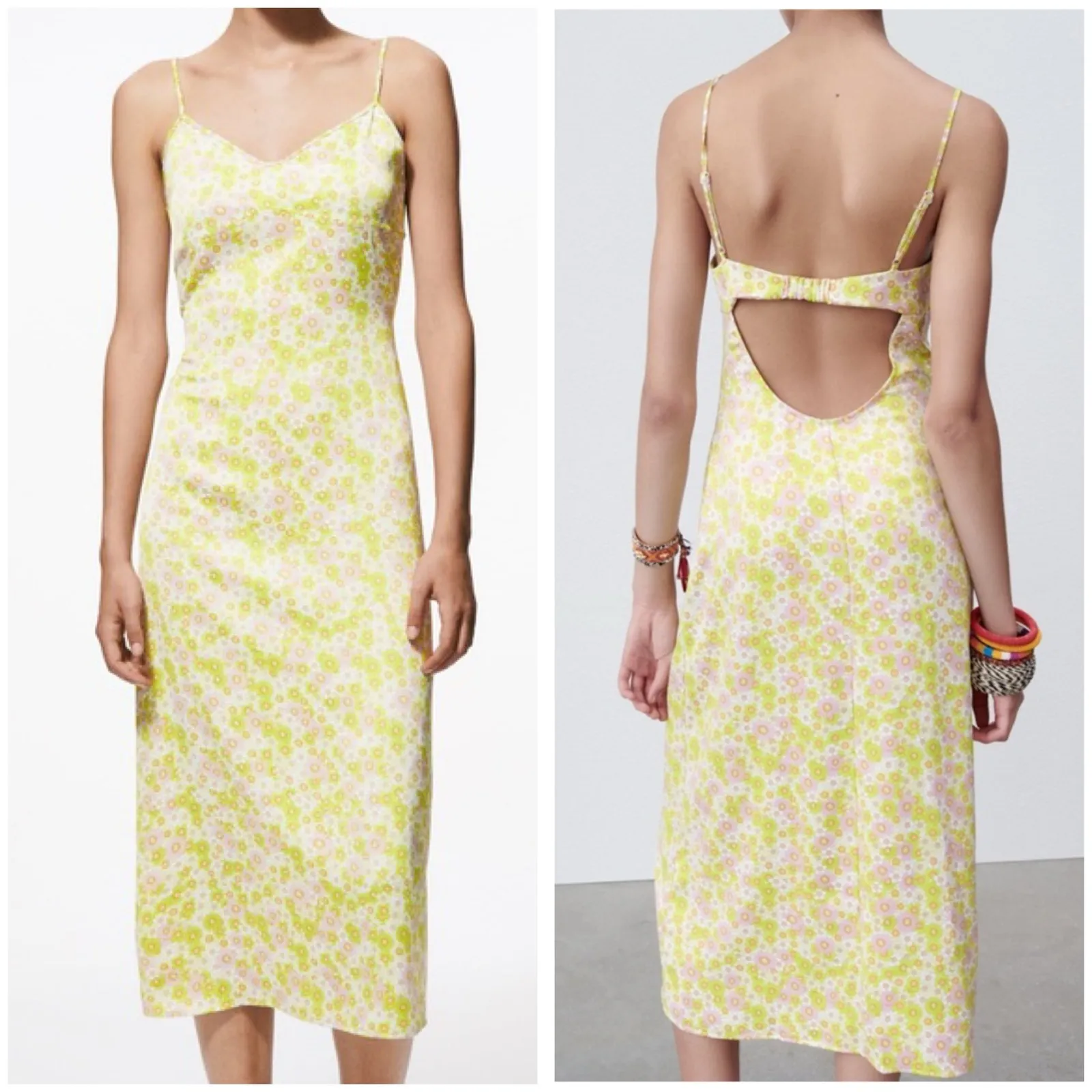 Zara 70s Micro Floral Midi Dress Size Small Cut Out Back Bohemian Vintage Yellow - Image 2