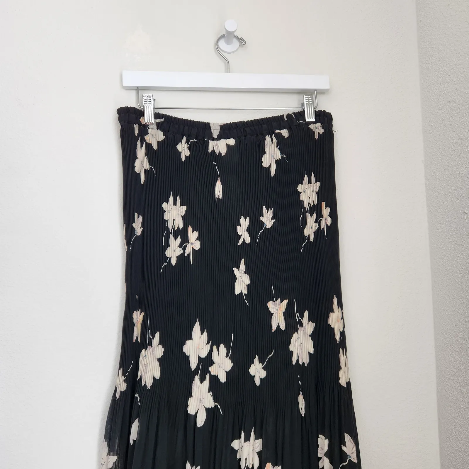 Vintage 90s Black Floral Pleated Chiffon Midi Skirt Whimsigoth Coquette M - Image 7