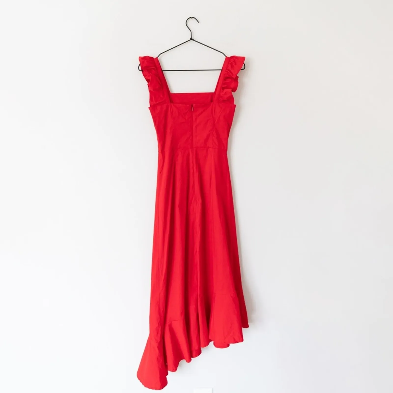 STAUD Valentina Square Neck Red Cotton Flutter Sleeve Midi Dress Size XS - Image 5