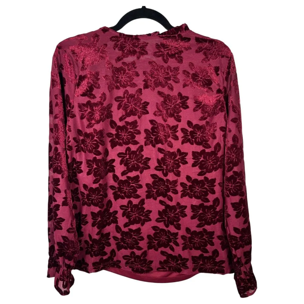 Marc New York Andrew Marc Burgundy Burnout Velvet Floral Button Blouse Large - Image 6