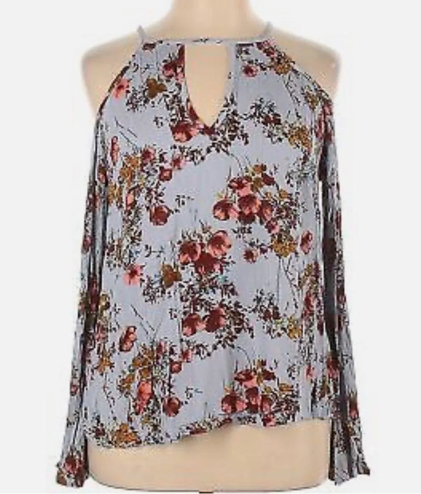 Long sleeve cold shoulder light blue floral top size XS - Image 2