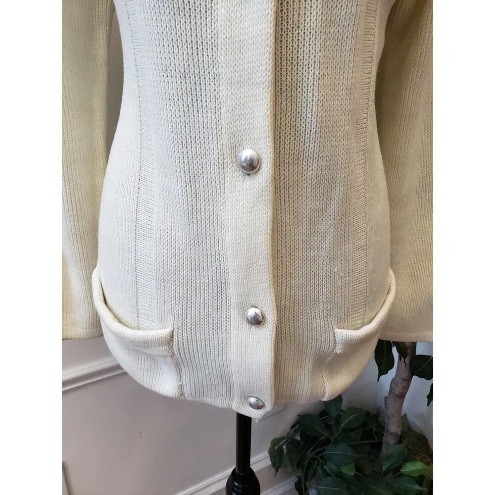 Vintage Beige Solid Spring Knitted Crew Neck Long Sleeve Cardigan Sweater Medium - Image 3