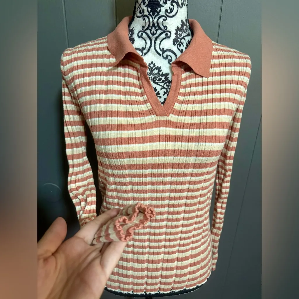 TEA N ROSE Striped Ribbed Long Sleeve Polo Sweater - Image 3