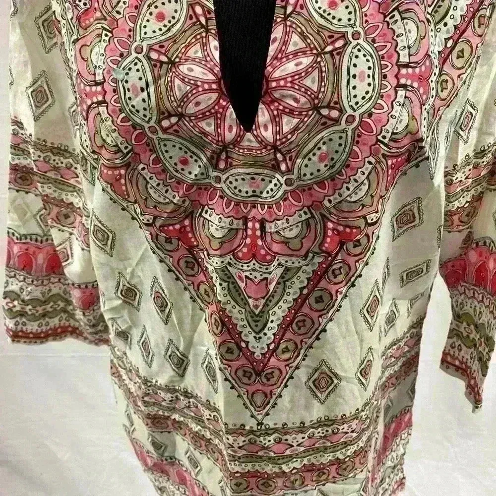 Tommy Bahama Paisley Multicolor V Neck  Tunic Top Blouse Sheer Cover Up Women M - Image 2