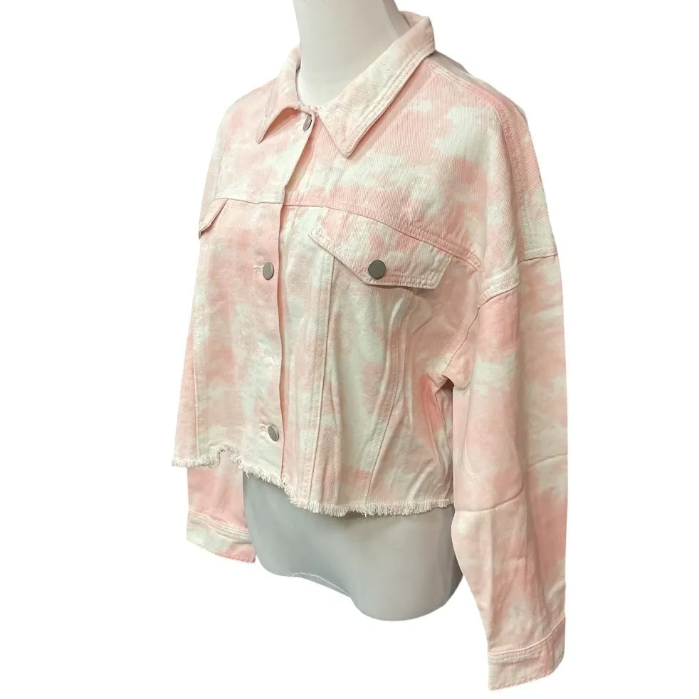 Elodie Tie Dye Print Raw Hem Cropped Button Front Trendy Jacket Pink Size Large - Image 3