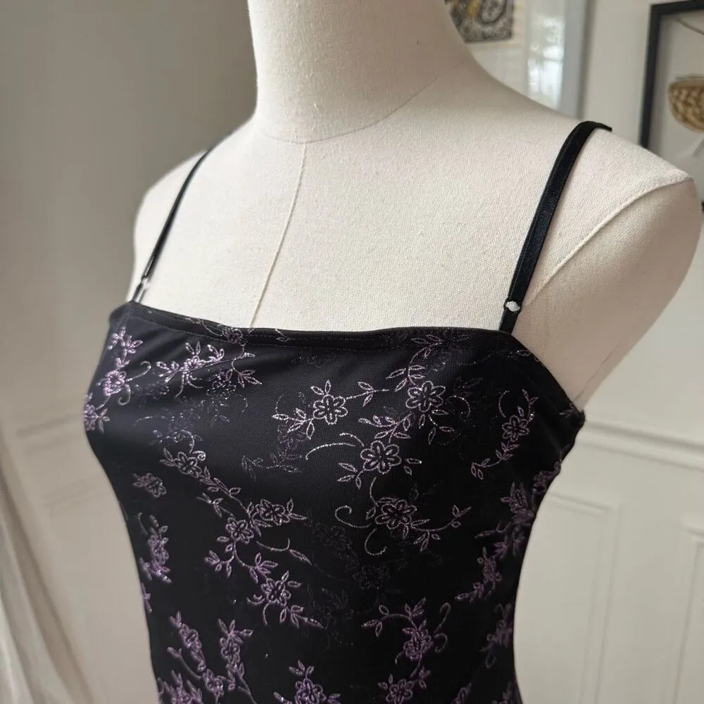 Vintage 90s Next Up Black Purple Glitter Flower Hi Lo Dress S - Image 7