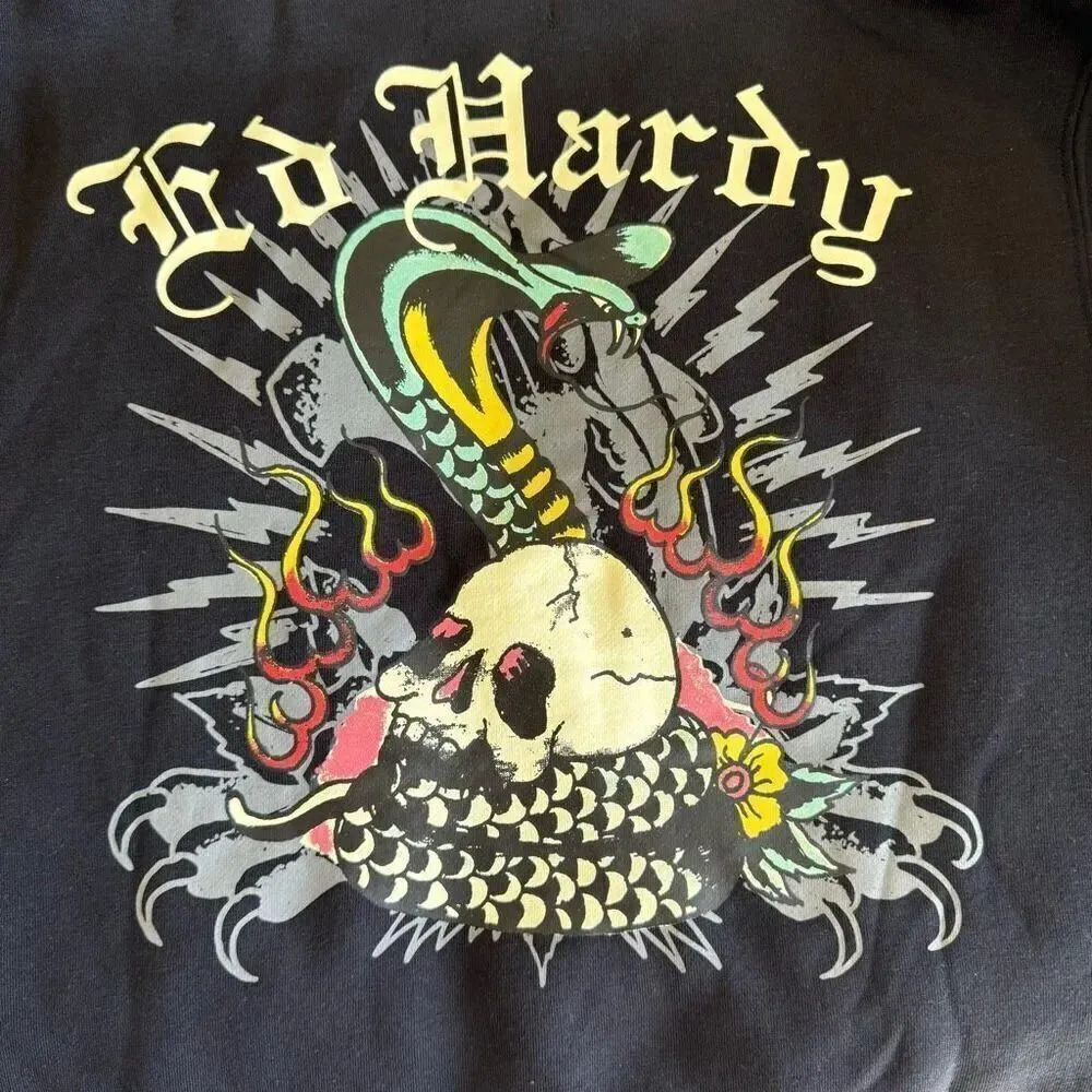 Ed Hardy Black Snake  Skull Logo Cropped Zip Up Hoodie Sweatshirt SZ S #2290 - Image 2