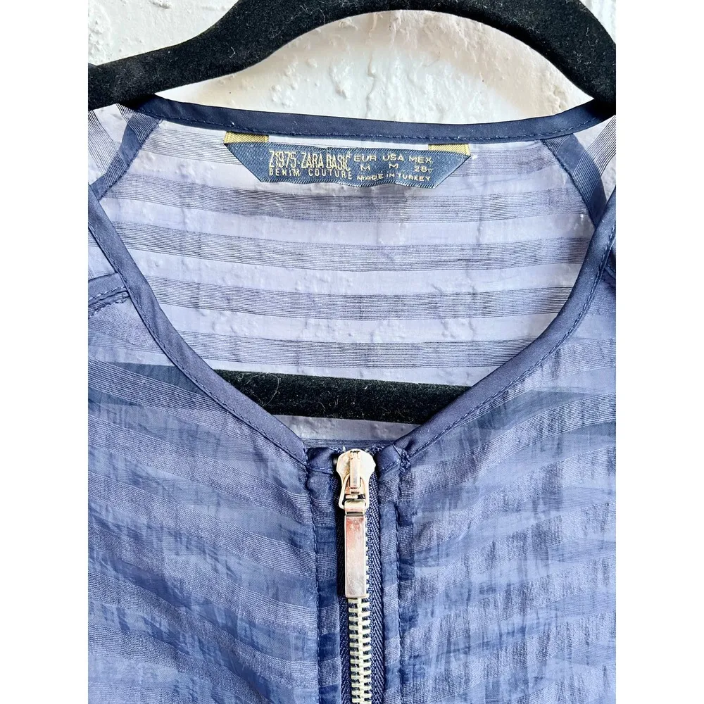 Zara Striped Organza Long Sleeve Full Zip Bomber Sheer Jacket Navy Womens Medium - Image 5