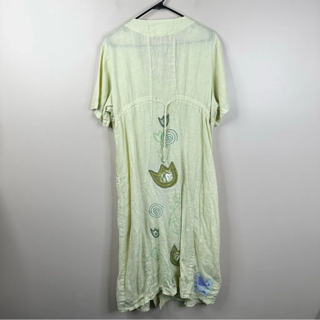 Blue Fish Vintage Midi Dress Womens Size 1 Yellow Linen Hand Painted Artsy 1999 Size L - Image 9