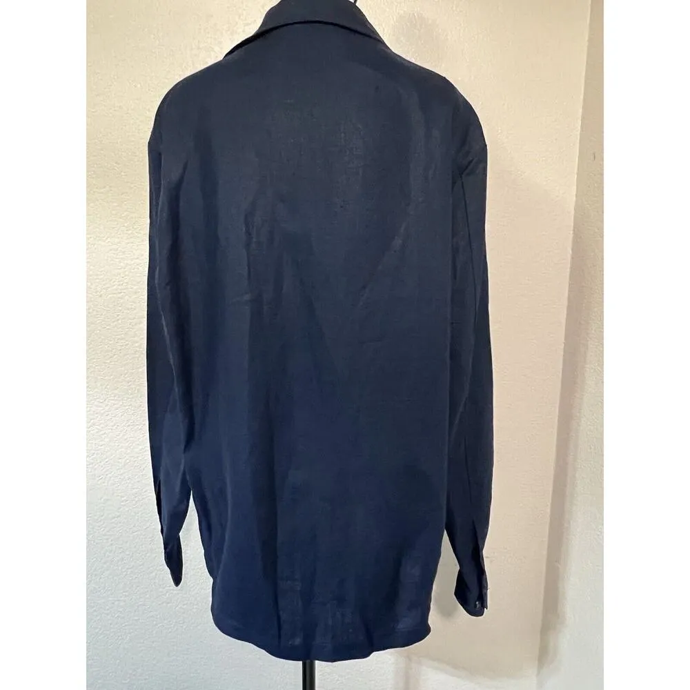 Massimo Dutti Navy Blue Linen Longsleeve Jacket Sz M Oversized Lagenlook Pocket - Image 8