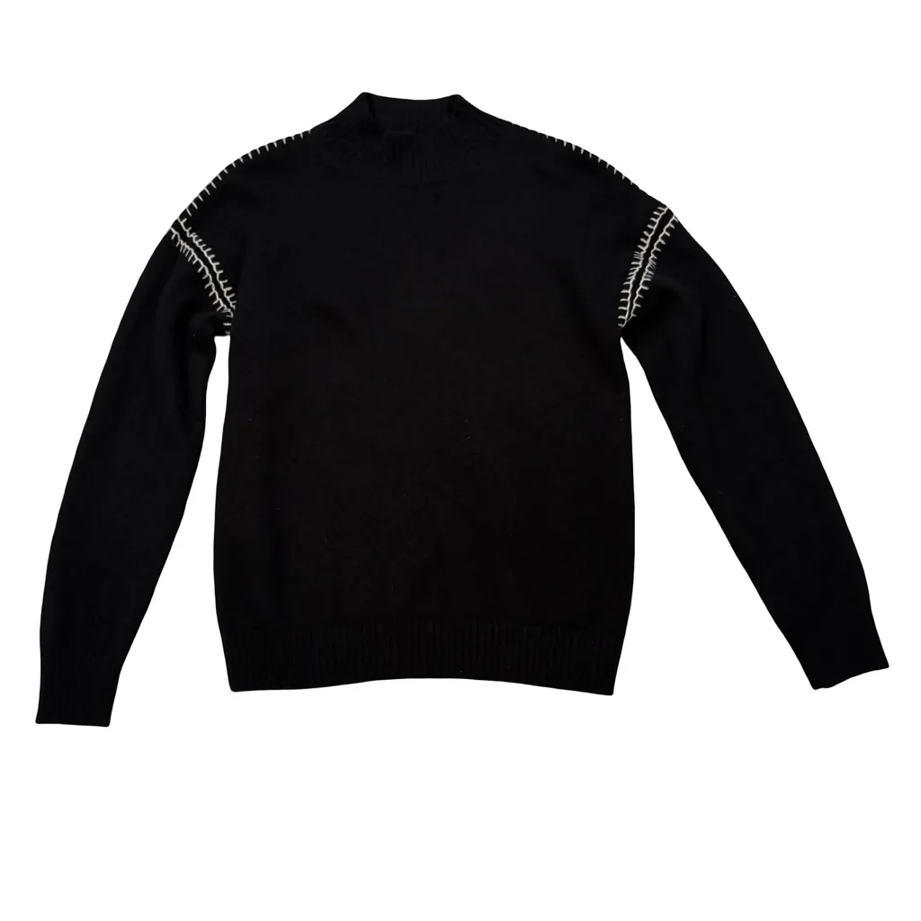 The Cashmere Project Black Mock Neck Cashmere Sweater w/White Stitch Trim, Sz L Size L - Image 9