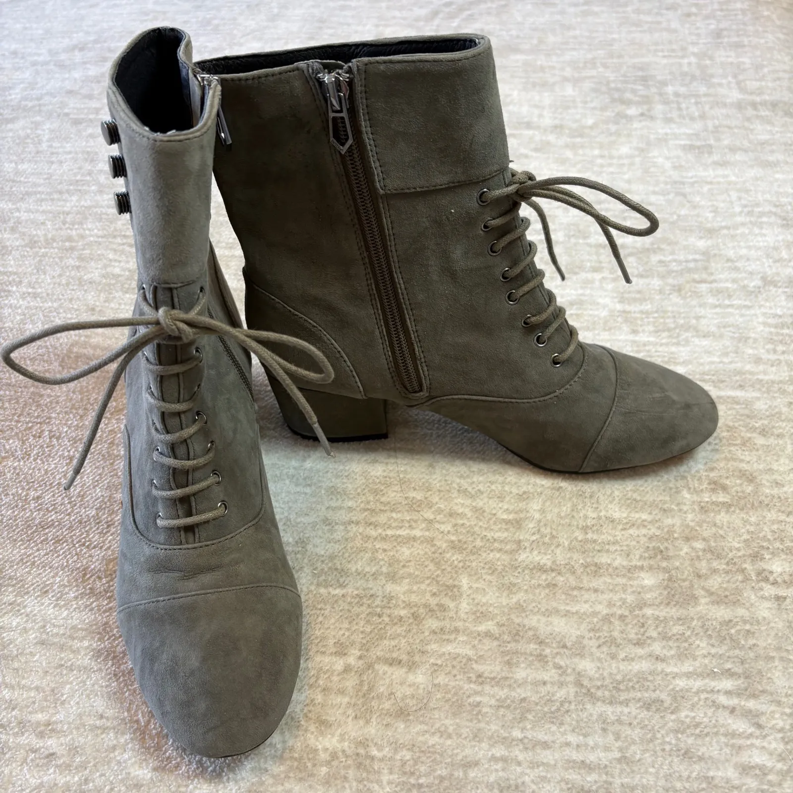 Botkier Lace Up Ankle‎ Boots Women Olive Green Suede Buttons Heeled Booties 6.5 - Image 3