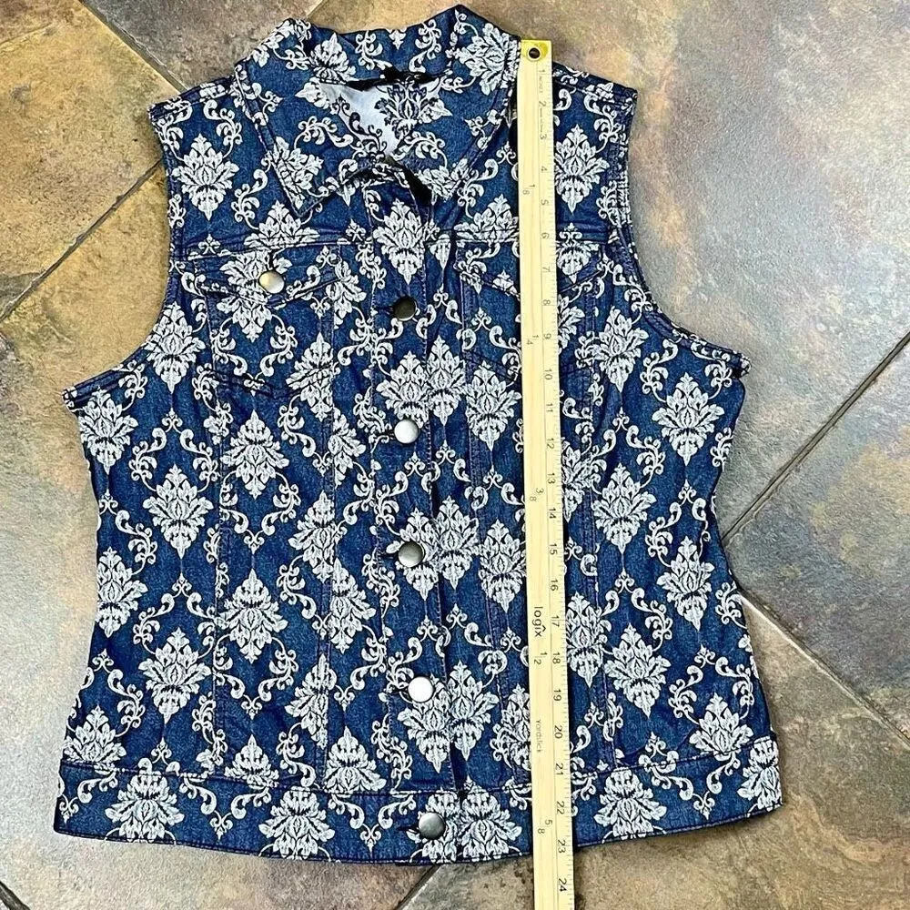 Baccini Floral Denim Style Sleeveless Button Down Collard Vest Large - Image 5