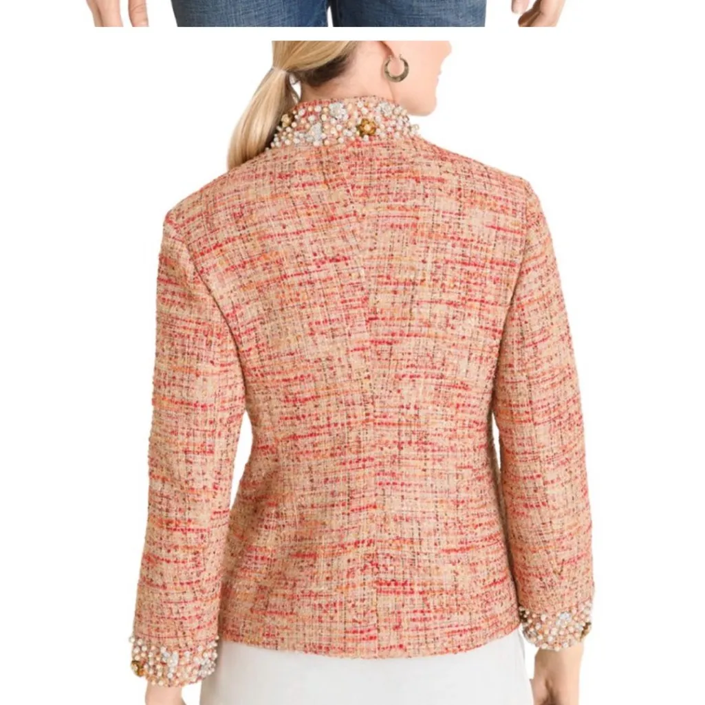 Chico's Multicolor Tweed Pearl Sequin Embellished Jacket blazer lined Sz 2‎ - Image 3