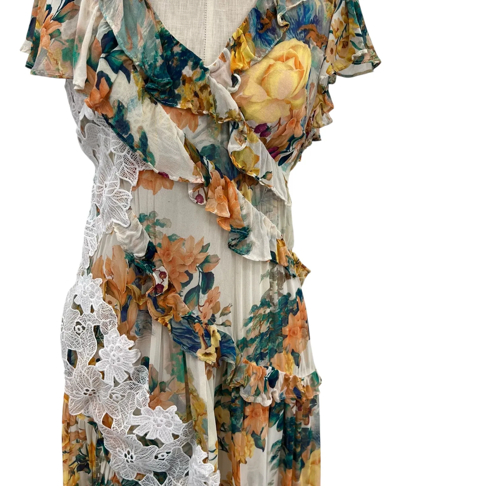 Anthropologie V-Neck‎ Ruffle Lace Slip Dress Floral White Multicolor Size US 4 - Image 5
