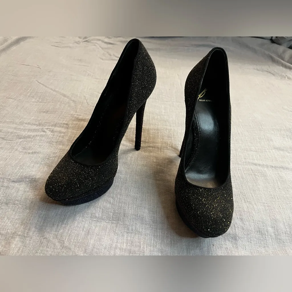 Brian Atwood Fontanne Shoes Gold Red Blue Glitter Heels Platform Black - Image 2