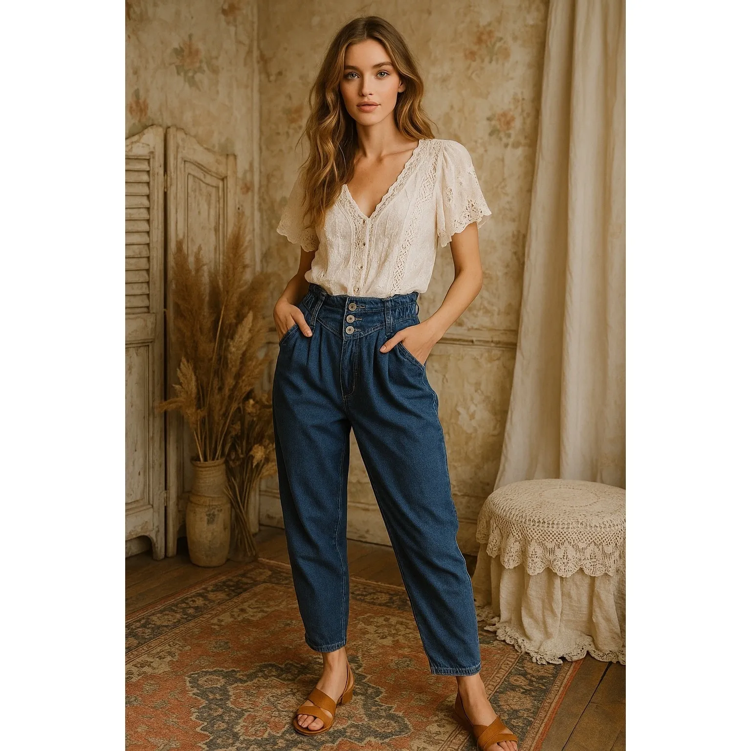 Vintage Essentials Barrel Jeans High Waisted Pleated Cottagecore Chic W12 Blue Size 12 - Image 3