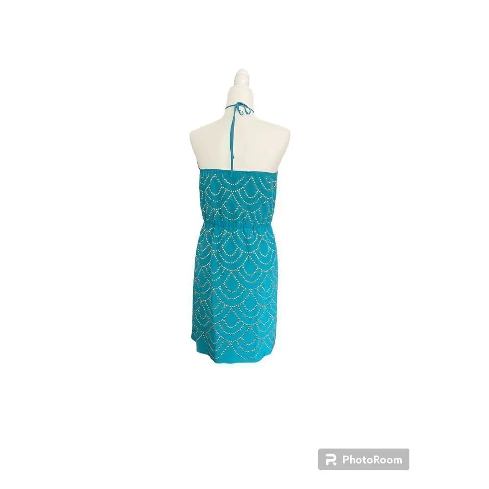 Trina Turk Silk Turquoise Gold Studded Halter Dress Size 6 - Image 3