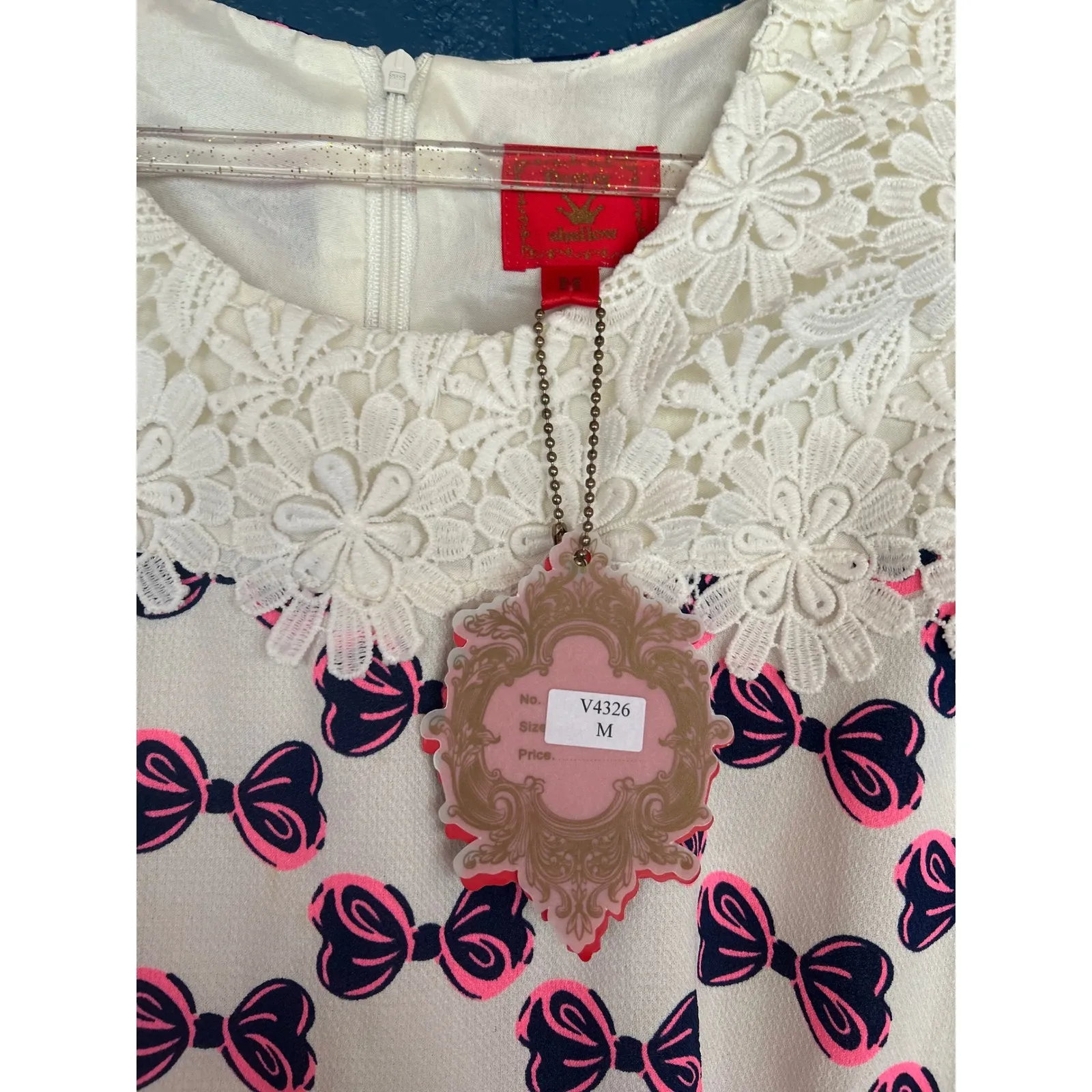 Bow Print Lace Neck Dress Ivory Pink Navy Sleeveless Women's M , Deep or Shallow White Size M - Image 4