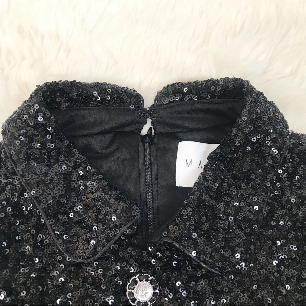 MABLE Anthropologie Black Sequin Mod Mini Dress Peter Pan Collar Party Small New - Image 6