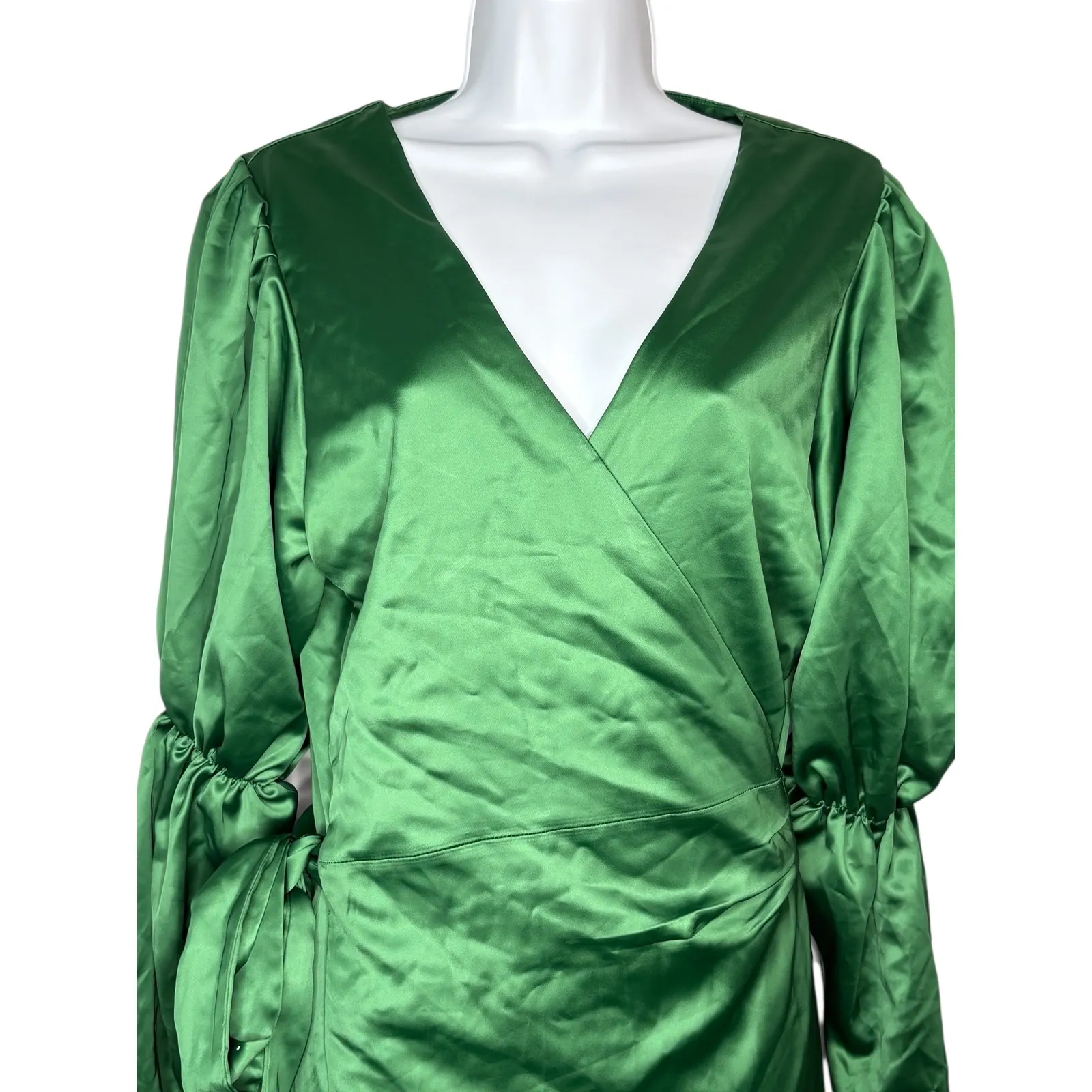 Marks & Curves Emerald Green Satin Wrap Midi Dress Puff Sleeve Tie Waist Large - Image 3